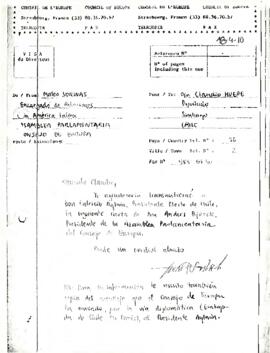 Fax desde el Consejo de Europa, del Encargado de Relaciones en América Latina, sr Mateo Sorinas, dirigido al Diputado de Chile, Sr. Claudio Huepe