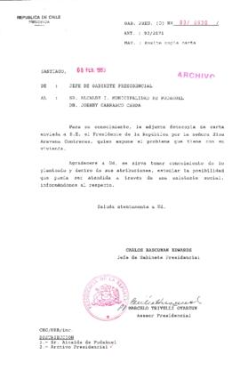 [Oficio del Gabinete Presidencial dirigido al Alcalde de la Municipalidad de Pudahuel, referente a problemática de vivienda de particular]