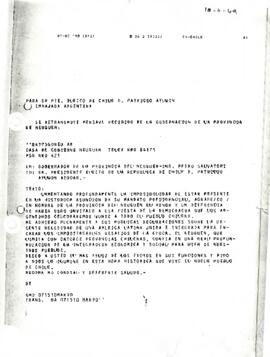 Carta del Gobernador de la Provincia de Neuquén, Argentina, sr. Pedro Salvatori, dirigida al Presidente electo de Chile, sr. Patricio Aylwin Azócar