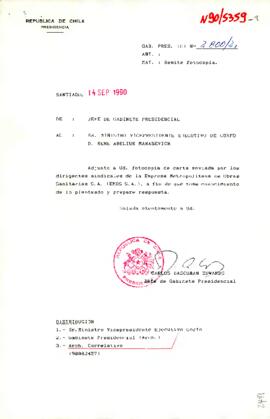 [Envío de fotocopia de carta enviada por los dirigentes sindicales de la Empresa Metropolitana de Obras Sanitarias S.A. (EMOS S.A.)].