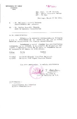 [Oficio  Gab. Pres. Ord. N° 1092 de Jefe de Gabinete Presidencial, remite copia de carta que se indica]