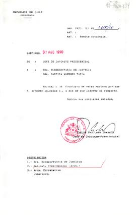 [Remite carta de don F. Ernesto Iglesias a Subsecretaria de Justicia]