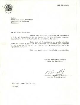 Carta de Carlos Bascuñán Edwards, Jefe de Gabinete del Presidente de la República, a Patricio Rojas Saavedra, Ministro de Defensa