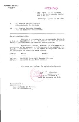 [Oficio Gab. Pres. Ord. N° 3865 de  Jefe de Gabinete Presidencial, remite copia de carta que se indica]
