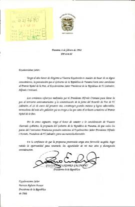 [Presidente de Panamá informa la postulación del Preseidente de El Salvador Alfredo Cristiani al premio nobel de la paz]