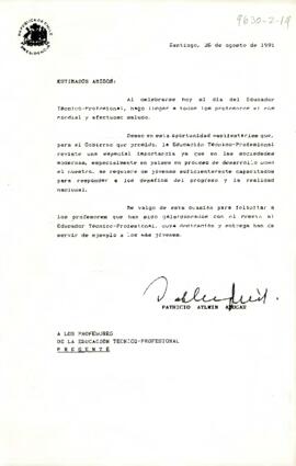 [Carta del Presidente Patricio Aylwin a Profesores de Educación Técnico Profesional]