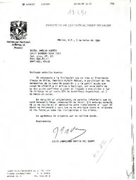 Carta de Julio Labastida Martín del Campo a Amelia Huerta aceptando la invitación de Patricio Aylwin Azócar a participar en sus ceremonias de asunción a la presidencia