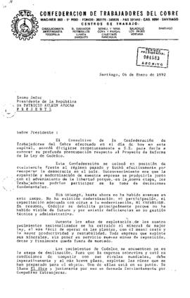 [Carta de la Confederación de Trabajadores del Cobre sobre Proyecto de Reforma de la Ley del Cobre]