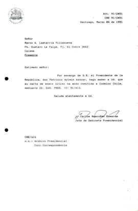 [Carta de respuesta por remisión de correspondencia enviada al Presidente, redirigiéndola a Codelco Chile]