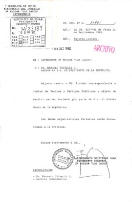 [Oficio del Intendente de la Región de los Lagos dirigido al Asesor Presidencial, mediante el cual adjunta listado de juntas de vecinos con motivo de saludo navideño]