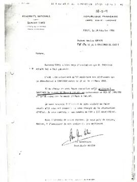 Carta desde la Asamblea Nacional de Francia, del Diputado de La Marne [región fr.] sr. Bernard Stasi, dirigida a Madame Amelia Huerta