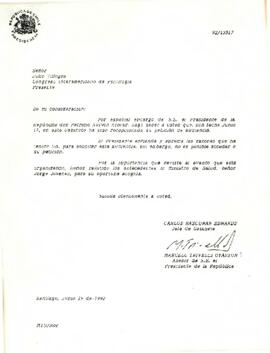 Correspondencia de Carlos Bascuñán Edwards, Jefe de Gabinete Presidencial, dirigida al señor Julio Villegas del Congreso Interamericano de Psicologia