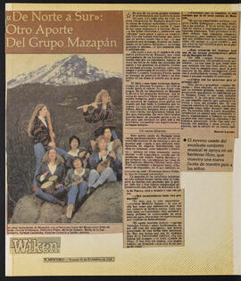 Artículo de la Revista Wikén del Diario El Mercurio sobre el Noveno trabajo del Grupo Mazapán titulado "De Norte a Sur"
