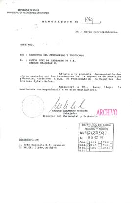 [Memorandum N° 869 de Director de Ceremonial y Protocolo, remite correspondencia]