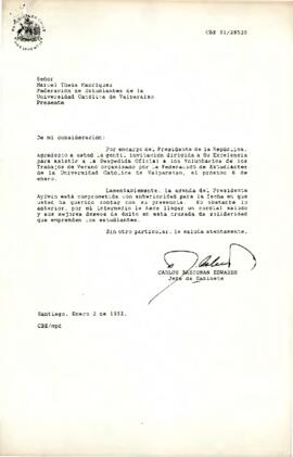 Carta de Carlos Bascuñán, Jefe de Gabinete Presidencial, a Marcel Theza, Federación de Estudiantes Universidad Católica de Valparaíso, sobre invitación a despedida de voluntarios