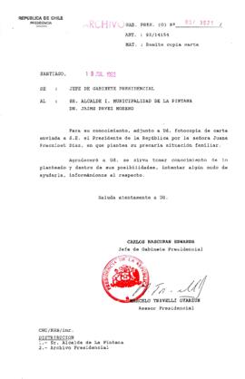 [Oficio Gab. Pres. Ord. N° 3621 de  Jefe de Gabinete Presidencial, remite copia de carta que se indica]