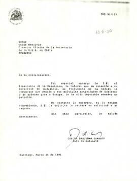 Carta del Jefe del Gabinete de la Presidencia de la República de Chile, sr. Carlos Bascuñán Edwards, dirigida al Señor Oscar Menjívar, Director Oficina de la Secretaria de la O.E.A. en Chile