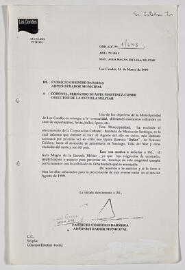 ORD. ALC. N° 1/648 De Patricio Cordero Barrera, Administrador de la Municipalidad de Las Condes, dirigida al Director de la Escuela Militar, Cnel. Fernando Duarte Martínez-Conde