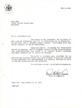 Carta de Carlos Bascuñán Edwards, Jefe de Gabinete Presidencial, a Jorge Molina Valdivieso, Diputado, sobre solicitud de audiencia con el Presidente de la República