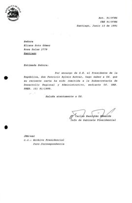 [Informa que carta fue remitida Subsecretaría de Desarrollo Regional y Administrativo, mediante Of. GAB. PRES. (0) 91/1999]
