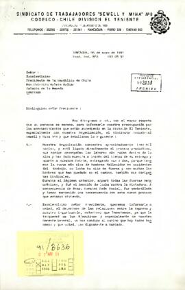 Carta del Sindicato de Trabajadores “Sewell y Mina N° 8” a Patricio Aylwin Azócar, con relación a conflictos laborales en División El Teniente de Codelco