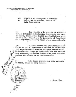 Solicitud de audiencia para el Embajador de Finlandia] - Archivo  Patrimonial Universidad Alberto Hurtado