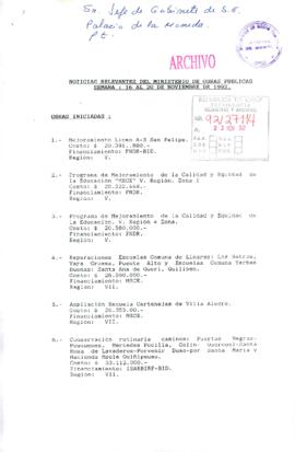 Noticias relevantes del Ministerio de Obras Públicas: semana 16 al 20 de noviembre de 1992
