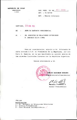 [Oficio del Jefe de Gabinete Presidencial dirigido al Ministro de Relaciones Exteriores sobre carta referente a acuerdos limítrofes con Argentina]