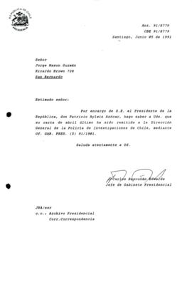 Carta remitida a la Dirección General de la Policía de Investigaciones de Chile, mediante Of. GAB. PRES. (O) 91/1901.