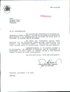 [Invitación por parte del Presidente Aylwin a la inauguración de la planta de bolas para la molienda]