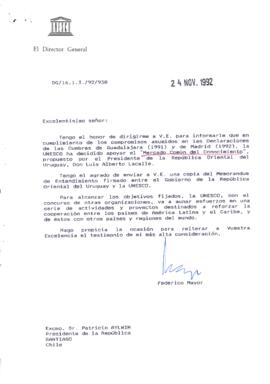 [Director General de UNESCO remite memorandum]