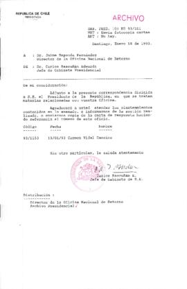 [Oficio  Gab. Pres. Ord. N° 0211 de Jefe de Gabinete Presidencial, remite copia de carta que se indica]