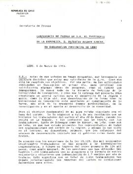 Conferencia de Prensa de S.E. El Presidente de la República, D. Patricio Aylwin Azócar, en Gobernación Provincial de Lebu