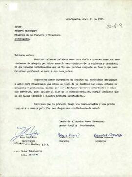 Carta dirigida al Ministro de la Vivienda y Urbanismo, sr. Alberto Etchegaray, desde el Comité de Allegados Nueva Esperanza, sector Bonilla, Antofagasta, de su Presidenta, sra. Inés Espinoza, de su Tesorera, sra. Tania Rivera y la delegada, sra. Ramona Álvarez