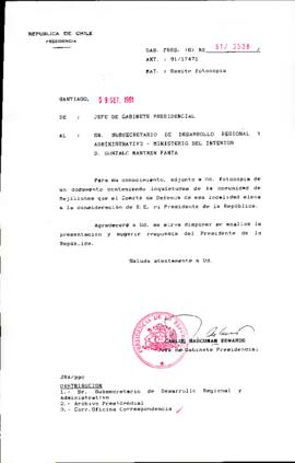 [Se remite a Subsecretario de Desarrollo Regional documento que contiene inquietudes del Comité de Defensa de la comunidad de Mejillones]