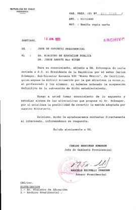 [Oficio  Gab. Pres. Ord. N° 3035 de  Jefe de Gabinete Presidencial, remite copia de carta que se indica]