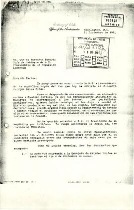 Carta de Patricio Silva Echenique a Carlos Bascuñán Edwards con relación a envío de fax sobre caso embargo de fruta chilena