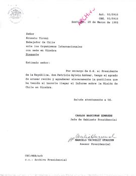 [Agradece el envío del Informe sobre la Misión de Chile en Ginebra]