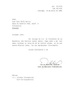 [Respuesta a carta de don Juan José Perez]