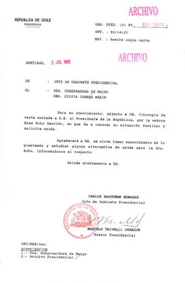 [Carta del Jefe de Gabinete de la Presidencia a Gobernadora Provincial de Maipo]
