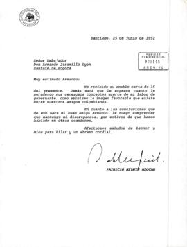 [Carta del Presidente Aylwin al Embajador de Chile en Colombia, agradeciendo generosos conceptos acerca de su labor de gobernante].