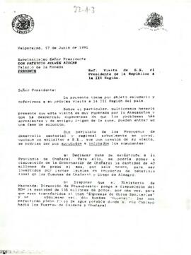 Carta sobre Visita de S.E. el Presidente de la República a la III Región.