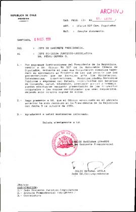 [Oficio del Jefe de Gabinete Presidencial dirigido al Jefe de la División Jurídico Legislativa referente a aprobación de Proyecto de Ley sobre formulaciones de Ministerios, Intendencias, Gobernaciones, Municipalidades, Servicios Públicos y empresas del Estado]
