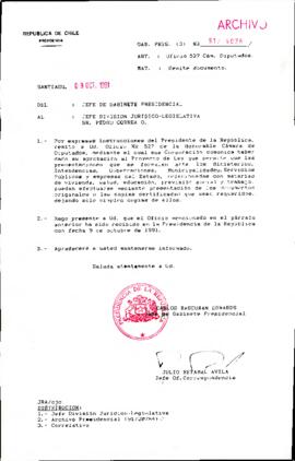 [Oficio del Jefe de Gabinete Presidencial dirigido al Jefe de la División Jurídico Legislativa referente a aprobación de Proyecto de Ley sobre formulaciones de Ministerios, Intendencias, Gobernaciones, Municipalidades, Servicios Públicos y empresas del Estado]