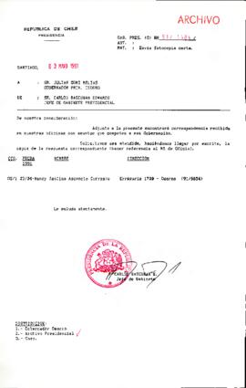 [Se remite fotocopia de correspondencia a Gobernador Provincial Osorno]