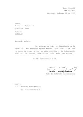 [Se remite carta a Gobernación Provincial de Linares]