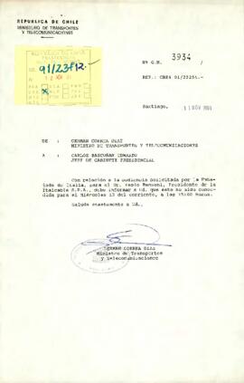 Carta Nº G.M. 3934 de Germán Correa Díaz, Ministro de Transportes y Telecomunicaciones, a Carlos Bascuñán Edwards, Jefe de Gabinete Presidencial, sobre audiencia para Paolo Benzoni, presidente de Italcable S.P.A