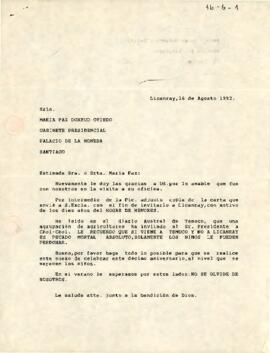 Carta del Presbítero Jaime Morandé O'Reilly dirigida a la Srta. María Paz Doxrud Oviedo, del Gabinete Presidencial Palacio de La Moneda