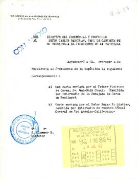 Carta del Director del Ceremonial y Protocolo del Ministerio de RR.EE. sr. C. Klammer B., dirigida al Señor Carlos Bascuñán, Jefe de Gabinete Presidencial, con referencia a una correspondencia recibida