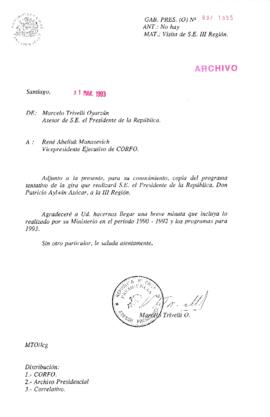 [Oficio Gab. Pres. Ord. N° 1555 de Jefe de Gabinete Presidencial, visita de S. E. III Región]